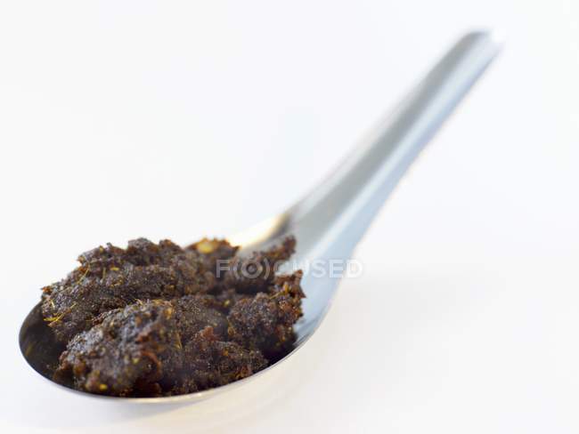 Closeup view of brown Miso paste on a spoon — Stock Photo