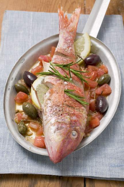 Tainha vermelha frita em legumes mediterrânicos — Fotografia de Stock