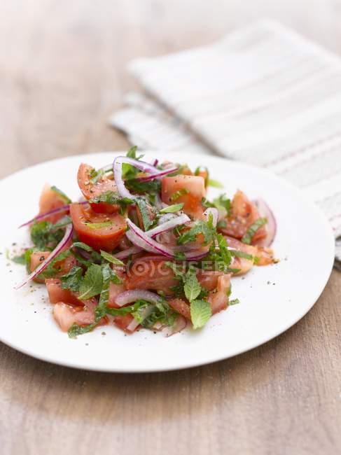 Tomato salad with onions and mint on white plate — Stock Photo