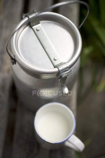 Milk in can and in mug — Stock Photo