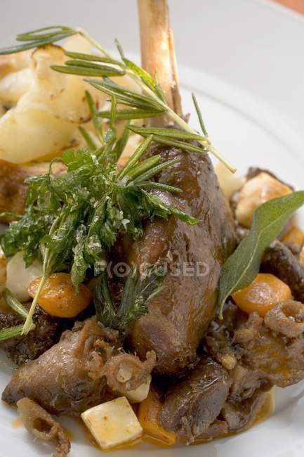 Closeup view of braised goose leg with pear and onion tart — Stock Photo