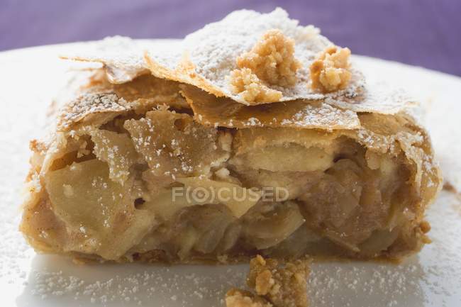 Piece of apple strudel with icing sugar — Stock Photo