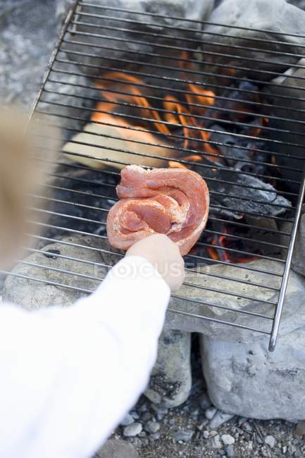 Carne di maiale cruda su griglia — Foto stock