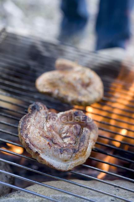 Pork on barbecue grill rack — Stock Photo