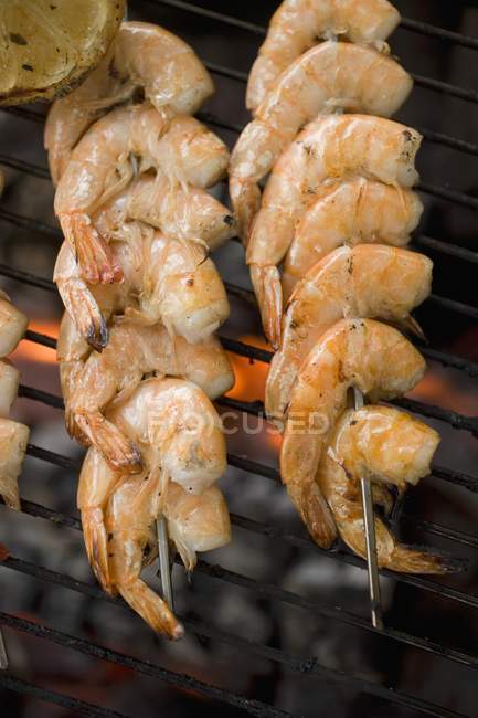 Vue rapprochée du dessus des brochettes de crevettes sur le grill du barbecue — Photo de stock