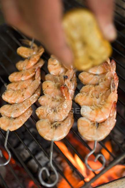 Closeup cropped view of hand squeezing lemon juice over prawn skewers on grill rack — Stock Photo