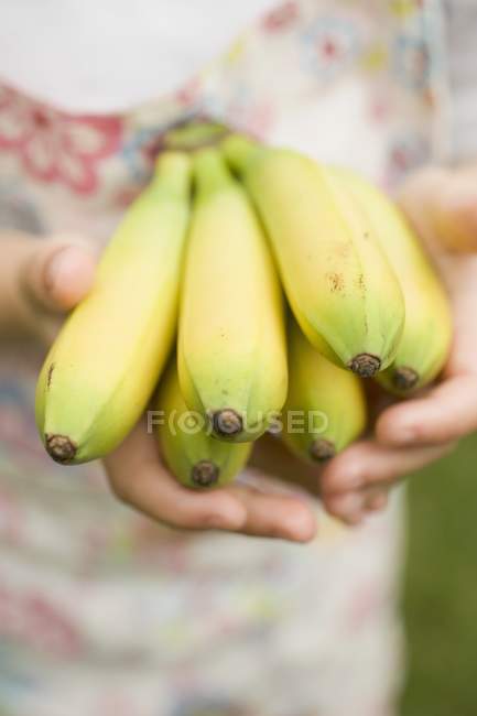 Niño sosteniendo racimo de plátanos - foto de stock
