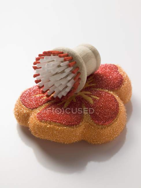 Vista close-up de esponja em forma de flor colorida e escova na superfície branca — Fotografia de Stock