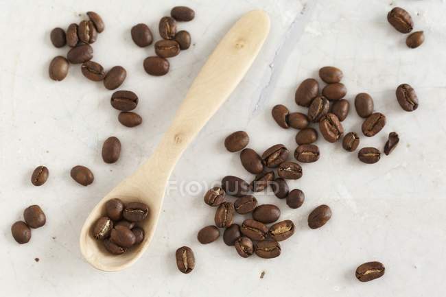 Chicchi di caffè con cucchiaio di legno — Foto stock