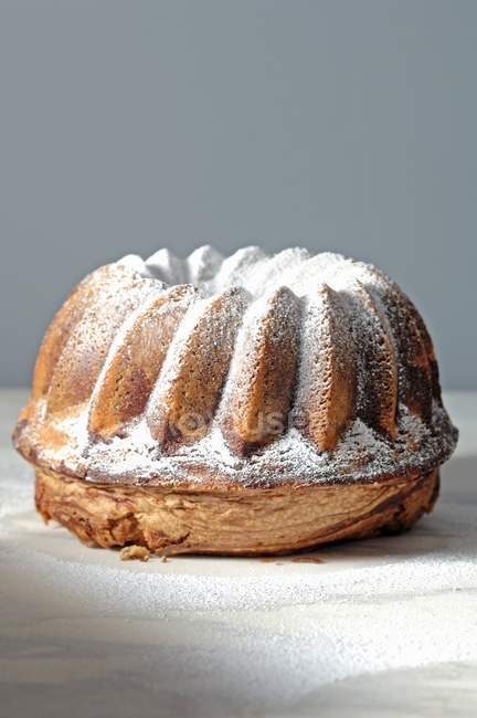 Closeup view of Gugelhupf sprinkled with icing sugar — Stock Photo