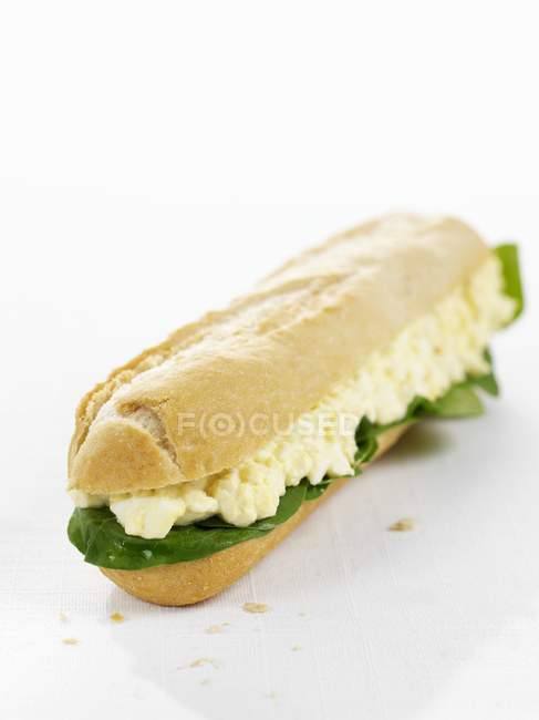 Baguette sandwich with scrambled egg and spinach laying on white surface — Stock Photo