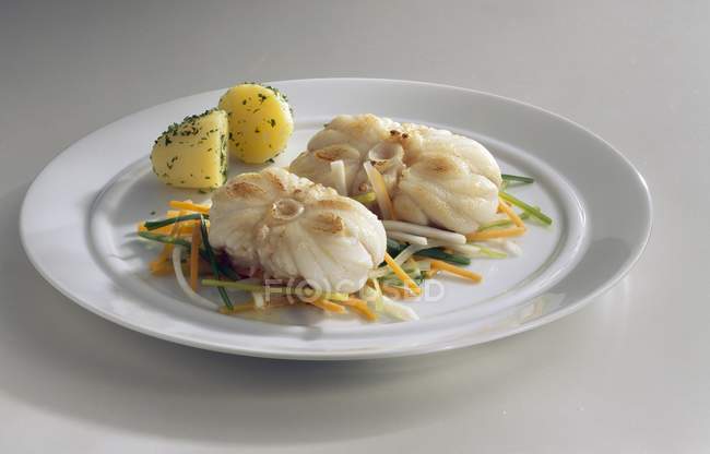 Rana pescatrice su verdure julienne con patate al prezzemolo su piatto bianco — Foto stock