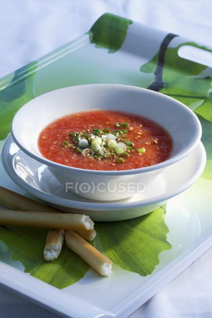 Tomato soup with spring onions and coriander — Stock Photo