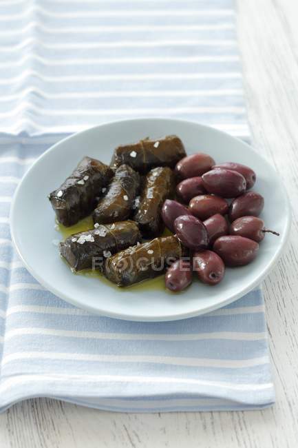 Dolmadakia et kalamata olives sur plaque blanche sur serviette — Photo de stock