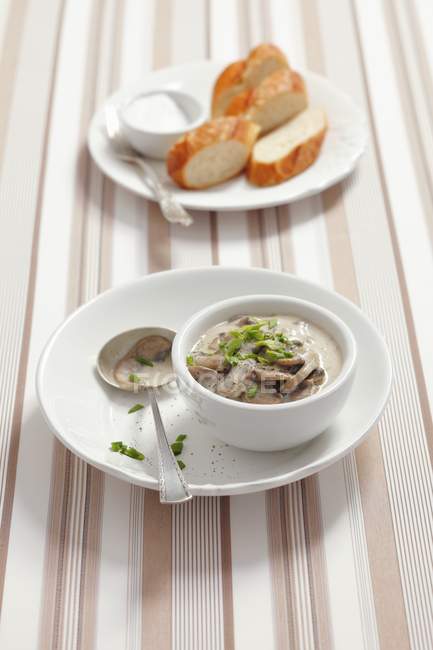 Повышенный вид на грибы в сметаном соусе, нарезанный хлеб и сливки — стоковое фото