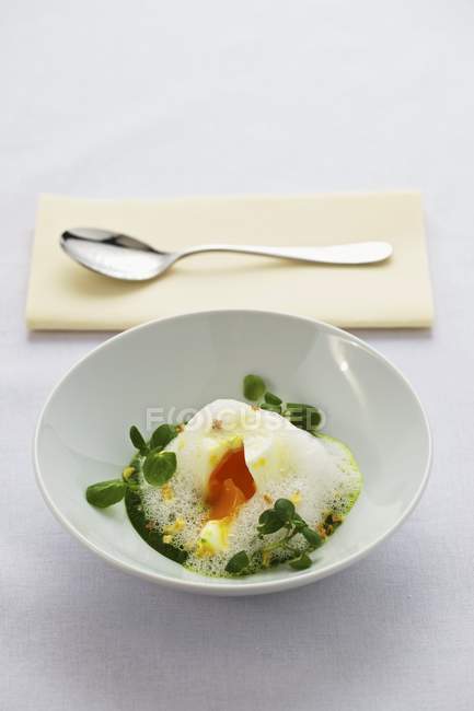 Primo piano vista di un uovo in camicia su crema di erbe con crescione — Foto stock