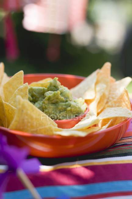 Sauce guacamole aux chips de tortilla — Photo de stock