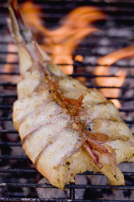 Closeup view of butterflied king prawn on barbecue — Stock Photo