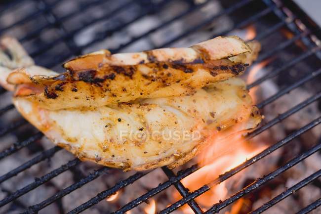Closeup view of butterflied king prawn on barbecue rack — Stock Photo