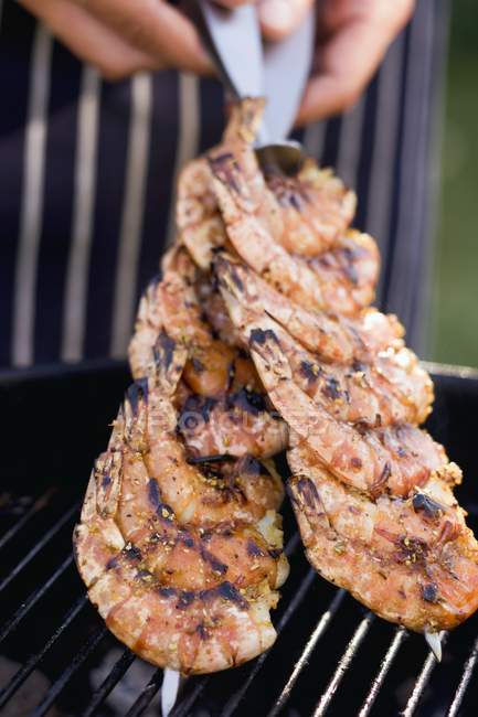 Closeup cropped view of hands taking prawn skewers from barbecue grill — Stock Photo