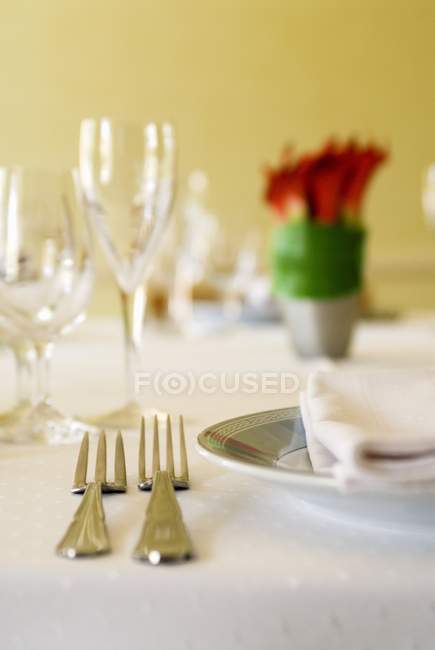 Closeup view of laid table with vase of flowers — Stock Photo