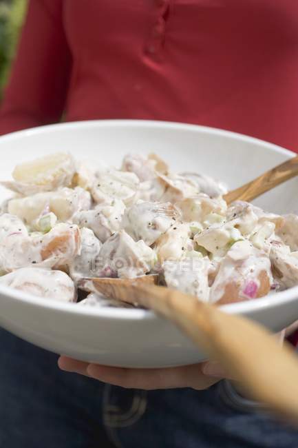 Person holding a dish of potato salad in hands — Stock Photo