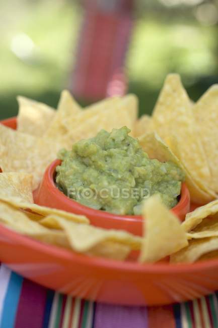 Salsa de guacamole con chips de tortilla - foto de stock
