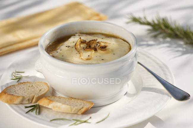 Sopa de cebola com queijo em tigela — Fotografia de Stock