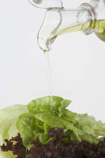 Pouring oil from onto salad leaves — Stock Photo