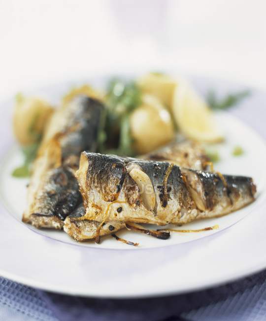 Vista de cerca de sardinas fritas con cebolla, papas y cohete - foto de stock