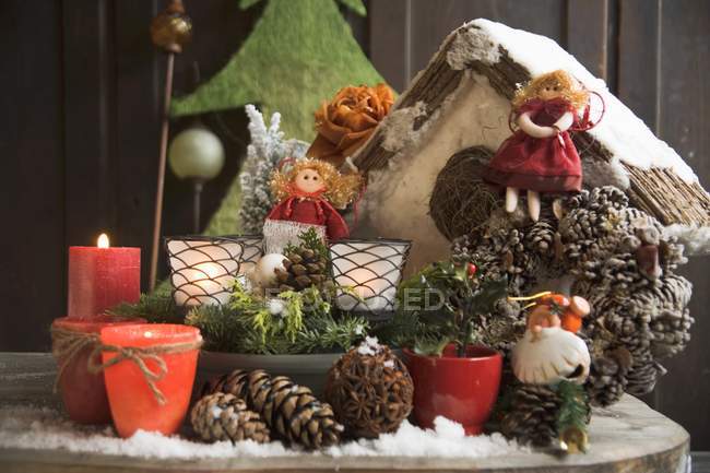 Christmas decorations on table — Stock Photo