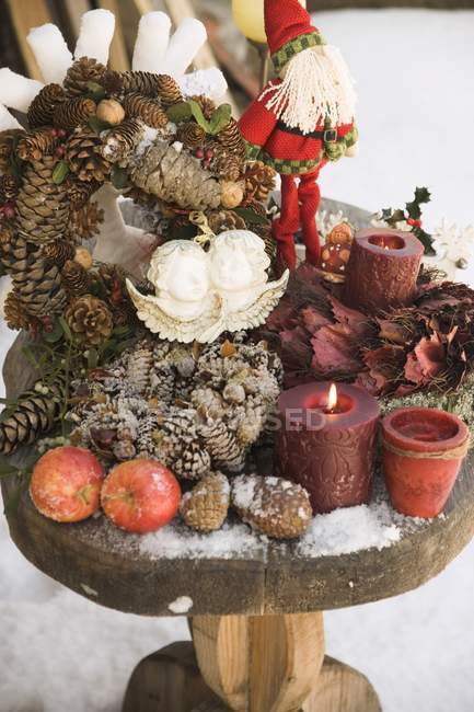 Christmas decorations on wooden table — Stock Photo