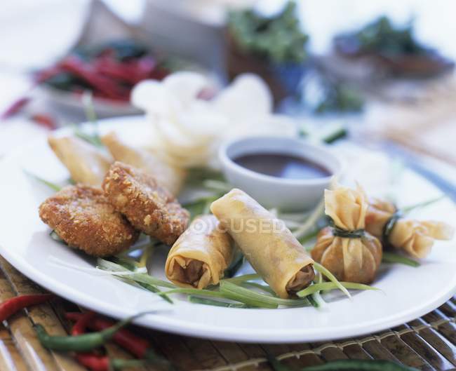 Vista da vicino di snack asiatici assortiti con salsa di soia — Foto stock