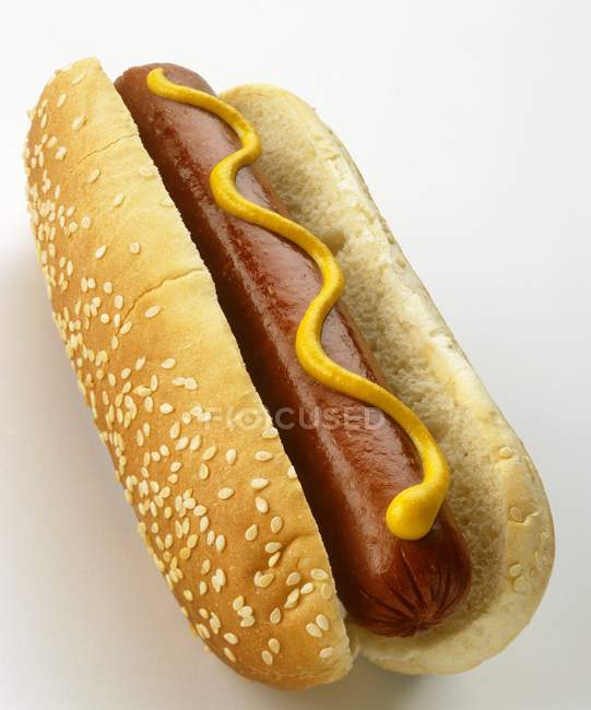 Hot dog con mostaza en bollo de sésamo - foto de stock