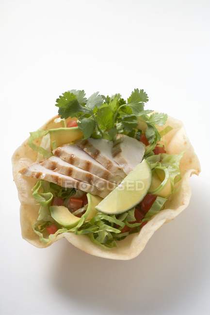 Куриная грудка, авокадо и лайм в скорлупе тортильи на белом фоне — стоковое фото
