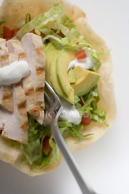 Tortilla guscio riempito con petto di pollo, avocado e panna acida su sfondo bianco — Foto stock