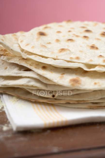 Closeup view of stacked Tortillas on napkin — Stock Photo
