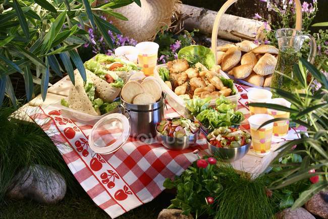 Vista elevada durante el día de la mesa de picnic de primavera con diferentes platos - foto de stock