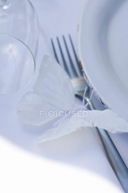 Closeup view of white place setting with butterfly, plate, fork and glass — Stock Photo