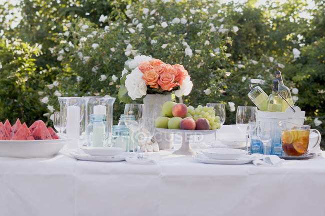 Vista diurna de la mesa puesta para una fiesta de verano al aire libre - foto de stock