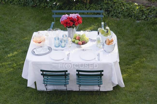 Tagsüber erhöhte Ansicht des im Garten gedeckten Tisches für ein Sommerfest — Stockfoto