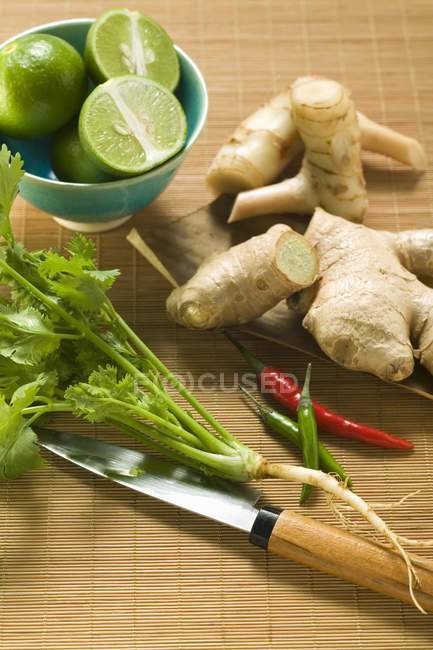 Coriander leaves, ginger, chili peppers — Stock Photo