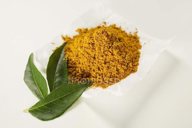 Polvo de curry y hojas de curry - foto de stock