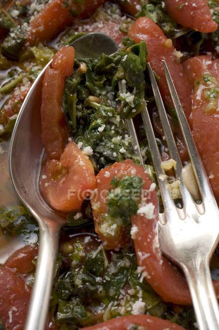 Tomatoes and savoy cabbage in dish with spoon and fork — Stock Photo