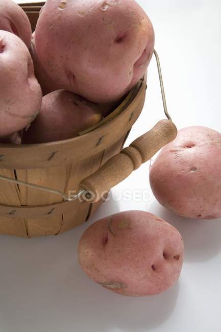 Red potatoes in woodchip basket — Stock Photo