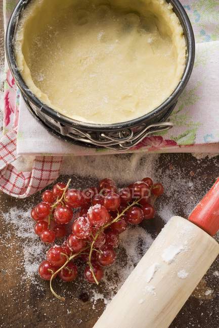 Boite de cuisson garnie de pâte et de groseilles rouges — Photo de stock