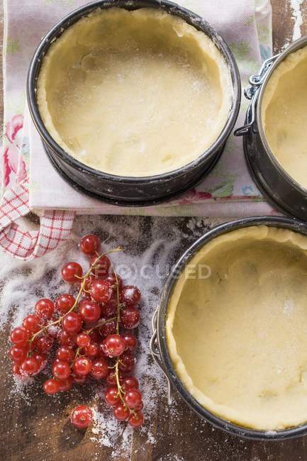 Baking tins lined with dough and redcurrants — Stock Photo