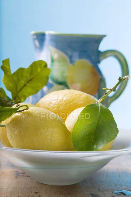 Fresh lemons with leaves in bowl — Stock Photo