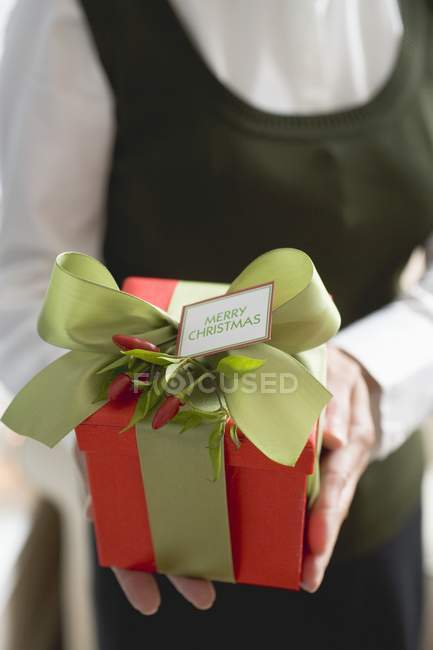 Woman holding Christmas gift — Stock Photo