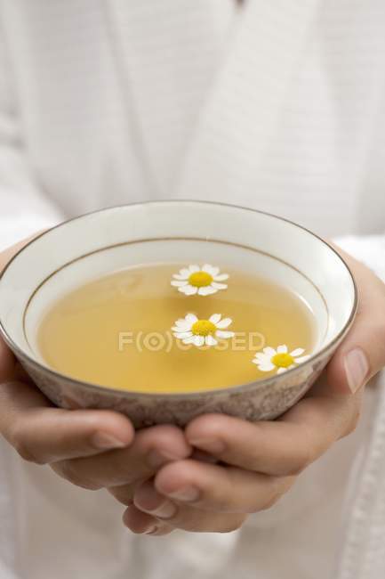 Hands holding bowl of chamomile tea — Stock Photo
